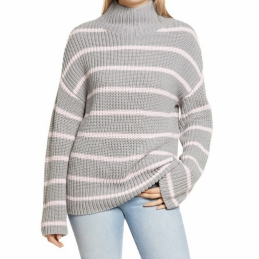 Caslon Shaker Mock Neck Sweater new NWT medium gray pink stripe boxy chunky